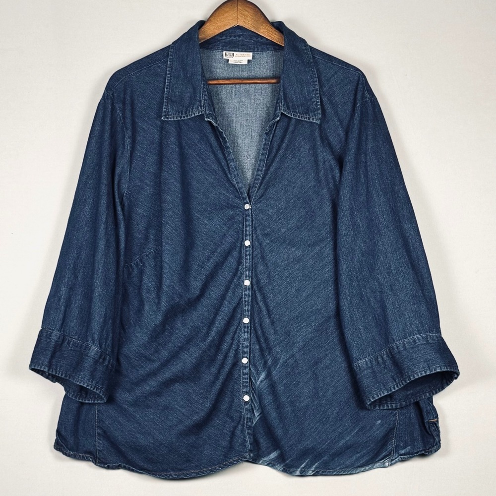 Faded Glory Denim Shirt Women 26W/28W Blue Excellent Y2K 3/4 Sleeve Cotton